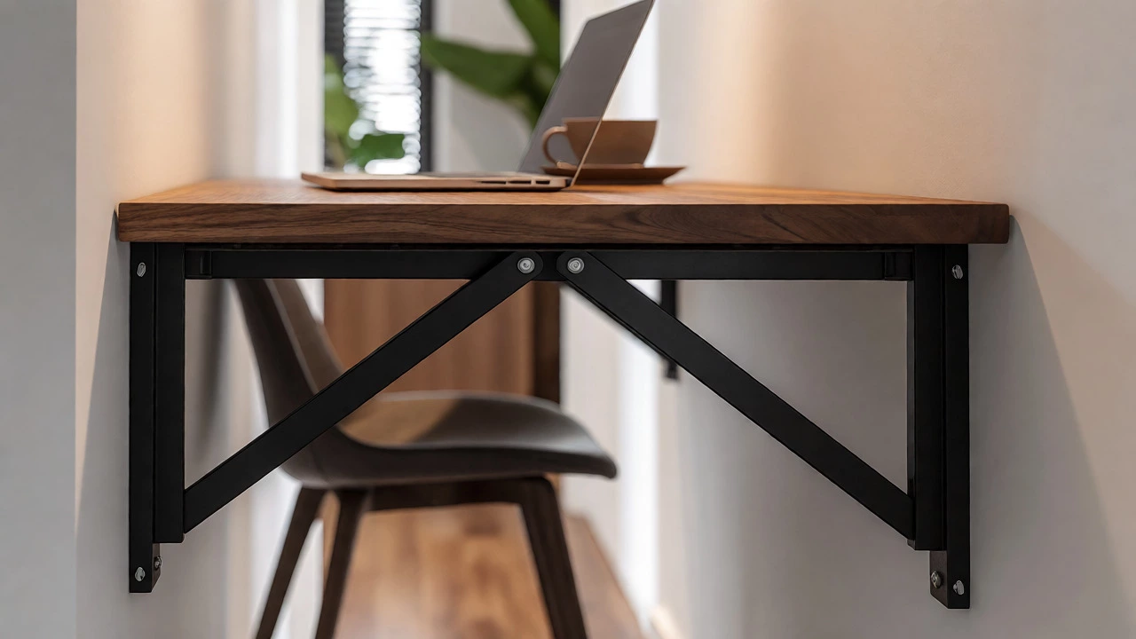 Fold-down wall-mounted table used as a workspace in a narrow apartment hallway