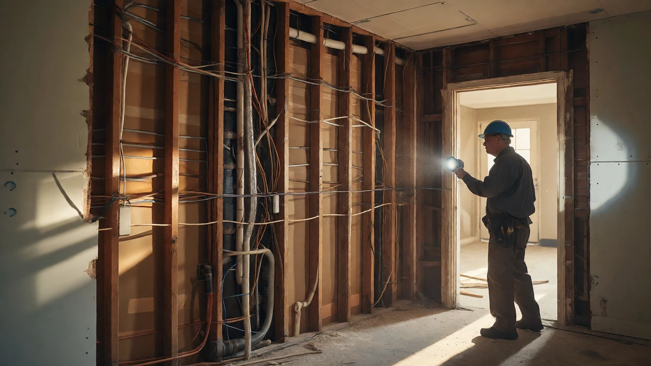 Inspector examining exposed walls and systems during renovation