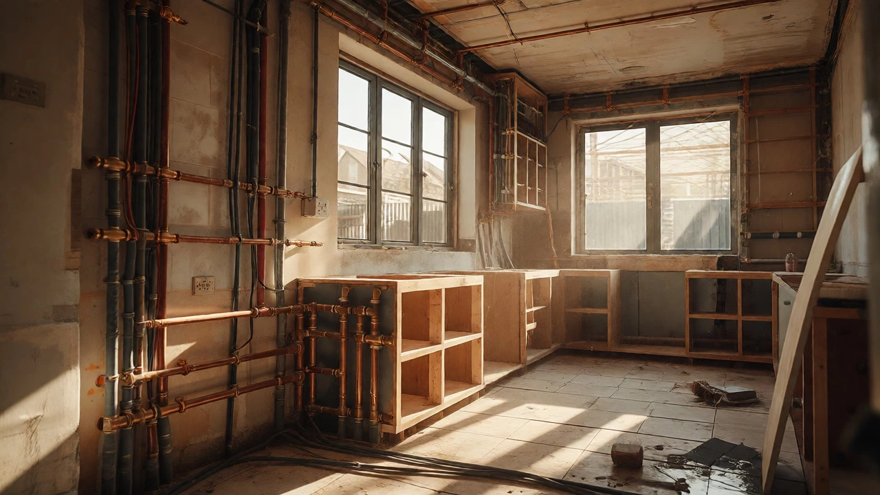 Interior of kitchen extension with exposed plumbing and wiring
