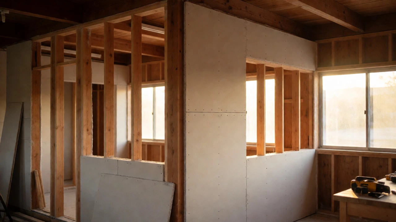 Interior showing timber framing covered in fire-resistant drywall