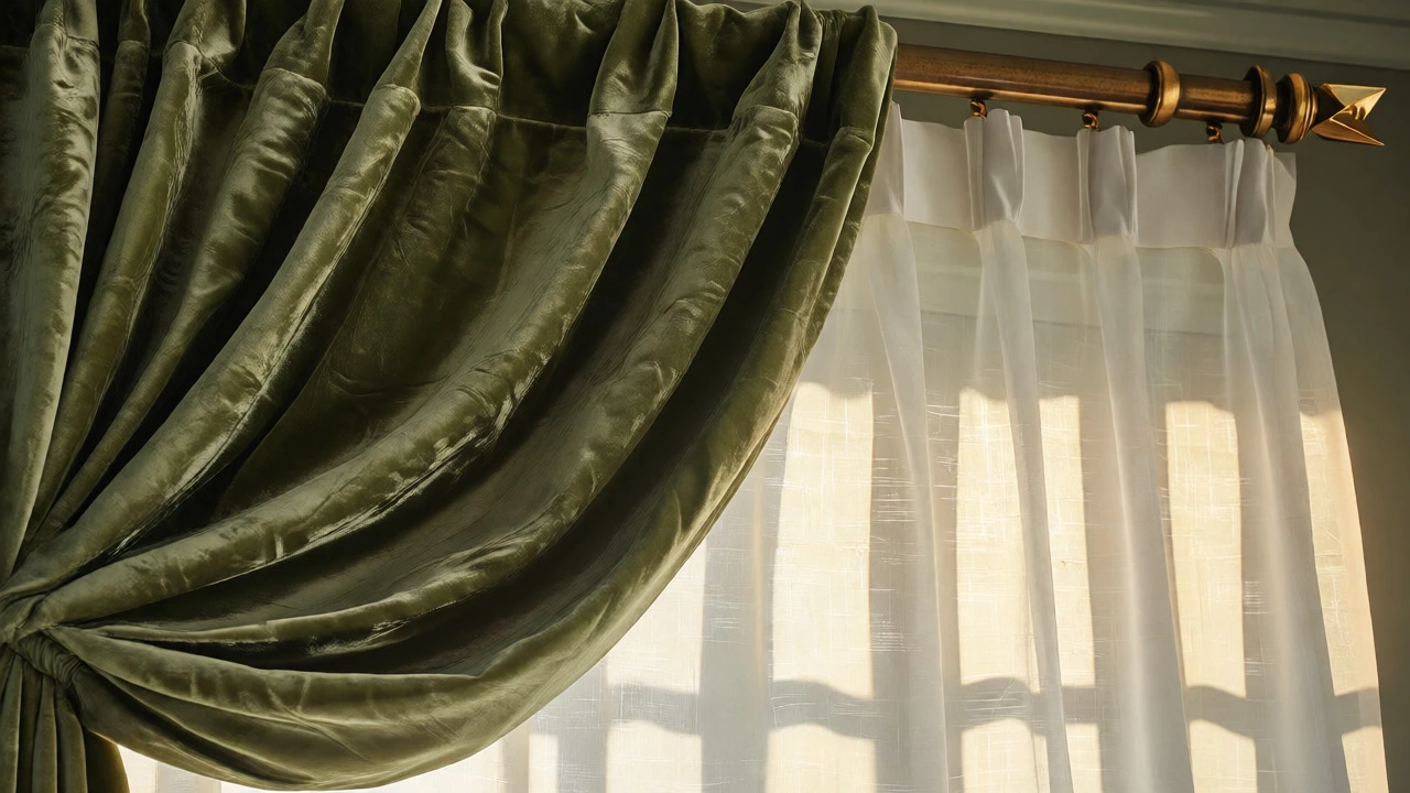 Layered moss-green velvet and white sheer curtains detail