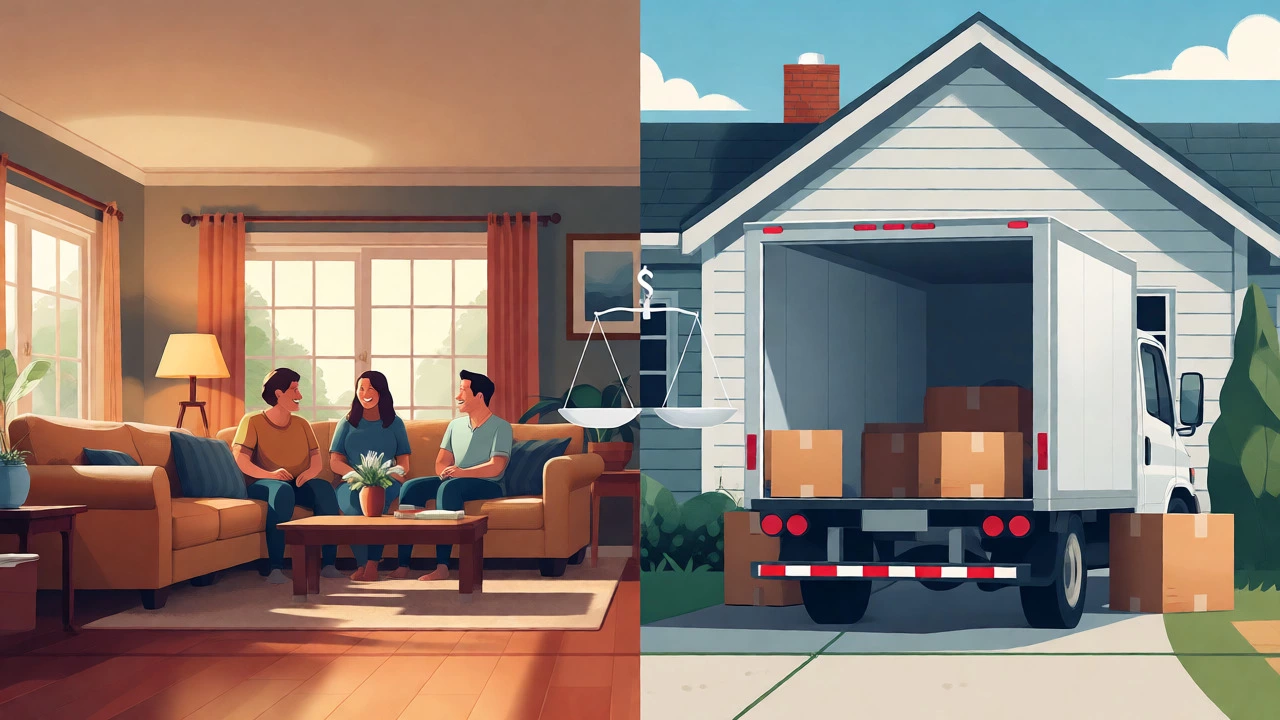 Split view comparing living in an extended home versus moving