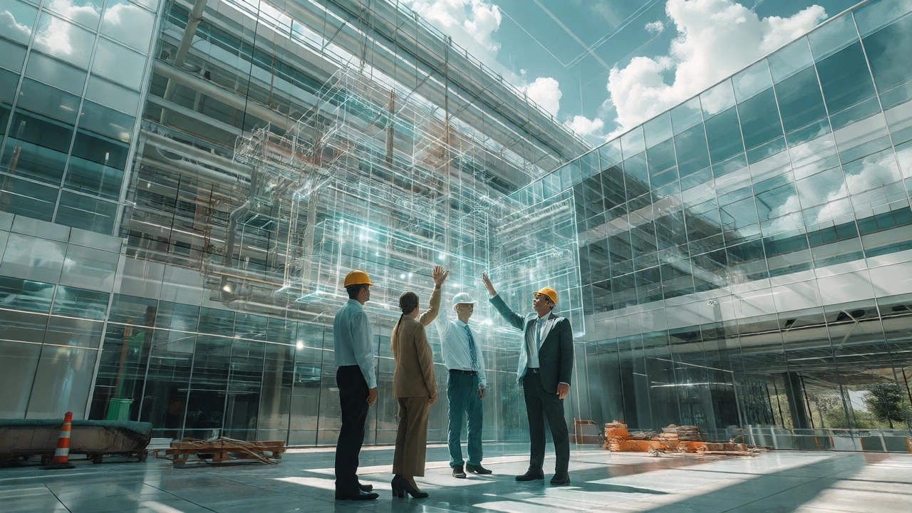 Stakeholders interacting with a holographic BIM model of a modern hospital.