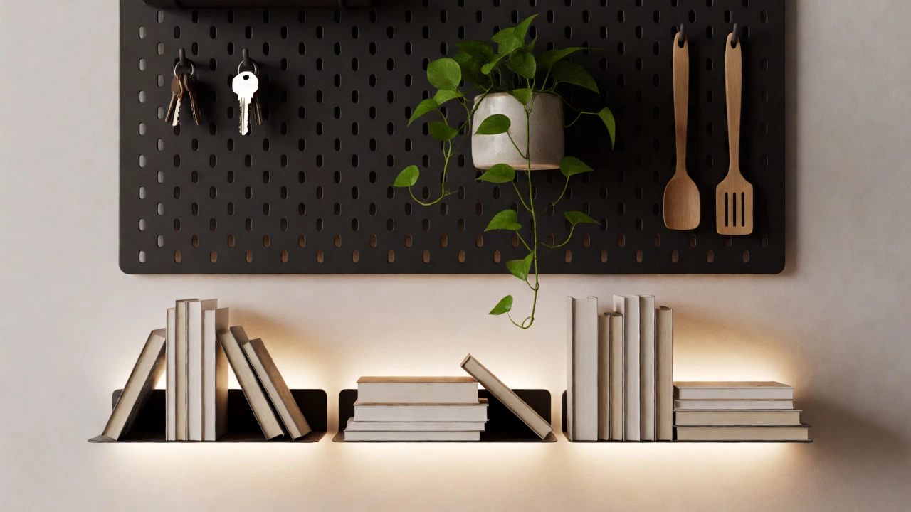 Stylish pegboard and floating shelves with LED backlighting and mixed book stacks on a modern wall.