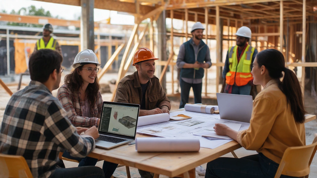 Team collaborating over digital models and blueprints at a fast-tracked build site.