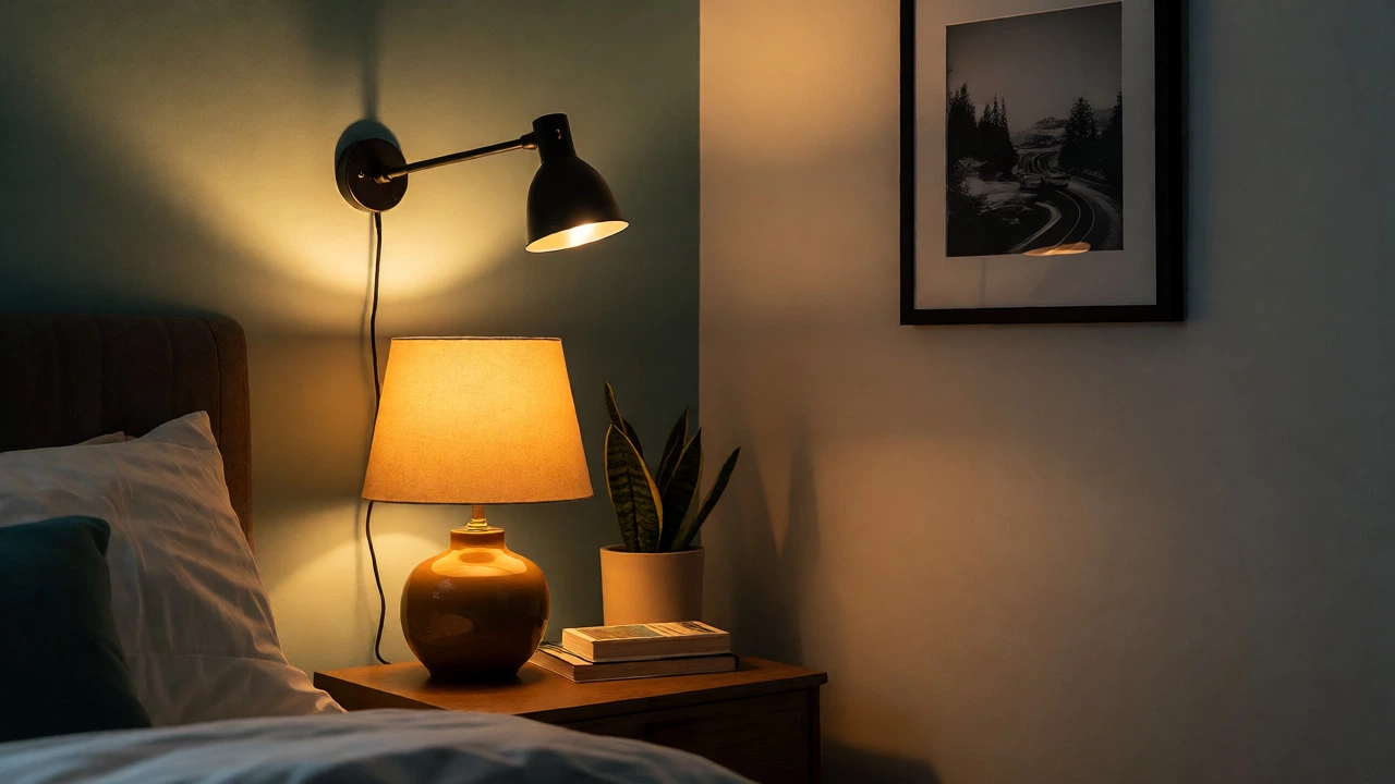 Bedroom corner with layered warm lighting, sconces, and curated decor.
