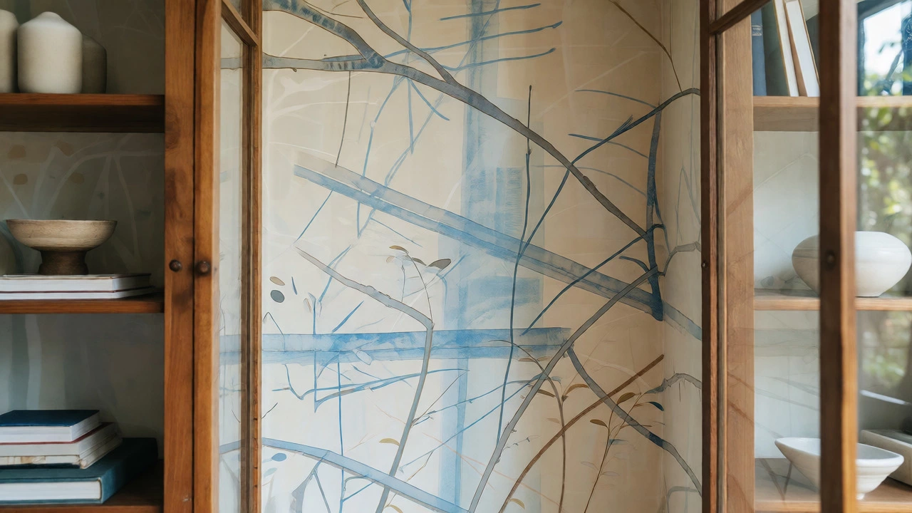 Bookcase interior lined with delicate branch wallpaper