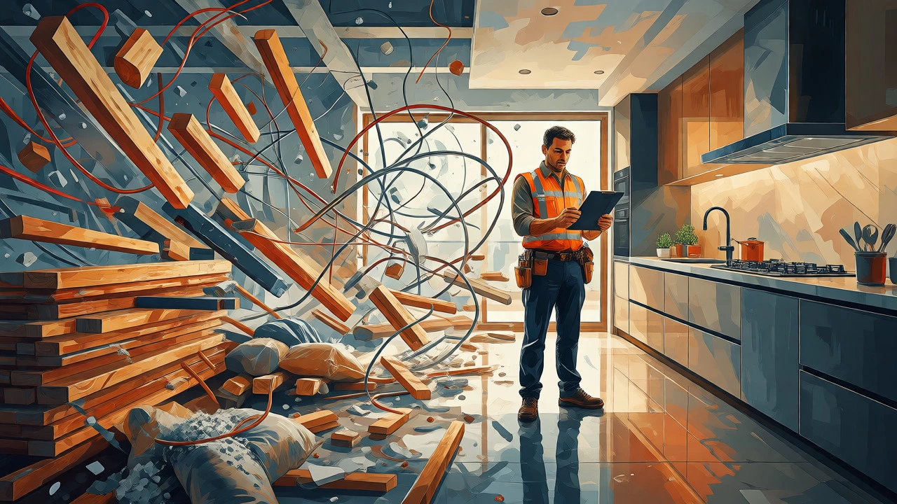 Conceptual art showing a contractor transforming construction chaos into a finished home.