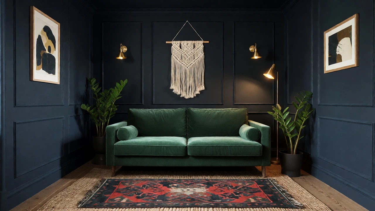 Dark jewel-box room with charcoal walls, green velvet sofa, layered rugs, and brass sconce lighting.