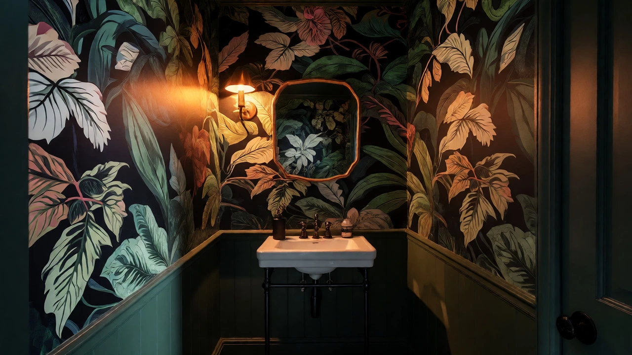 Dramatic powder room with dark botanical wallpaper