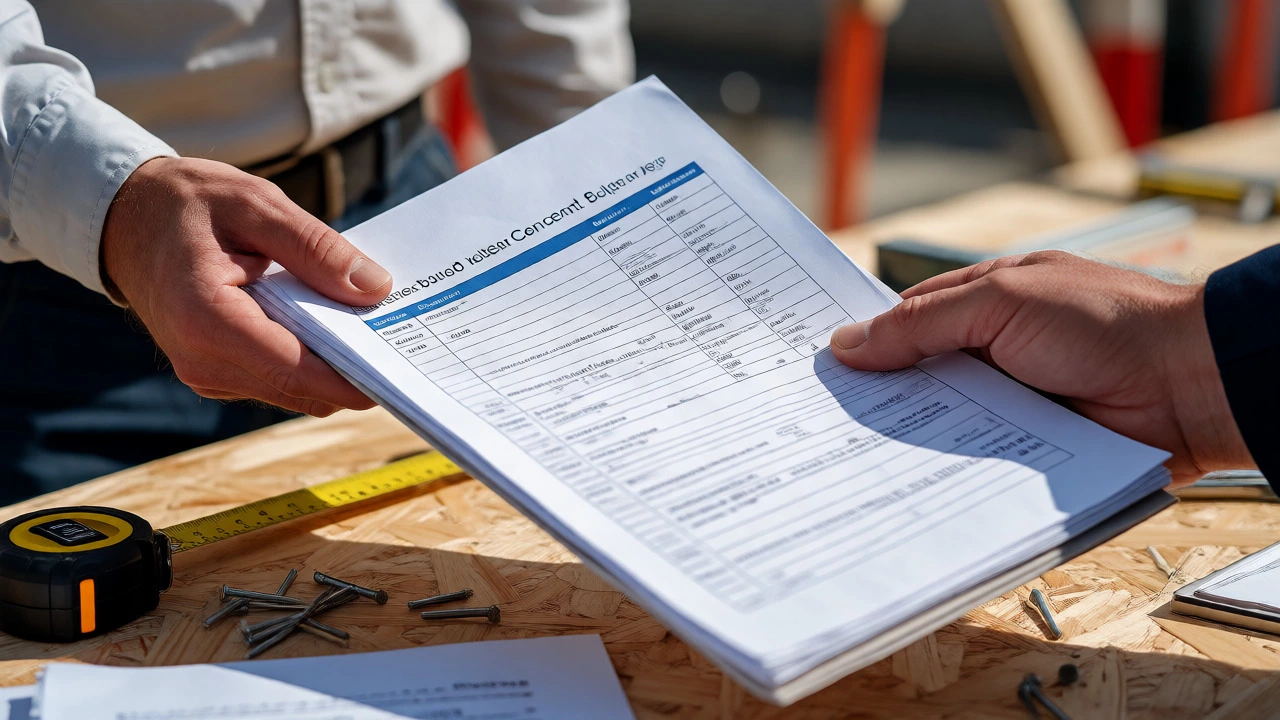 Exchange of building permit documents between contractor and inspector at a site.