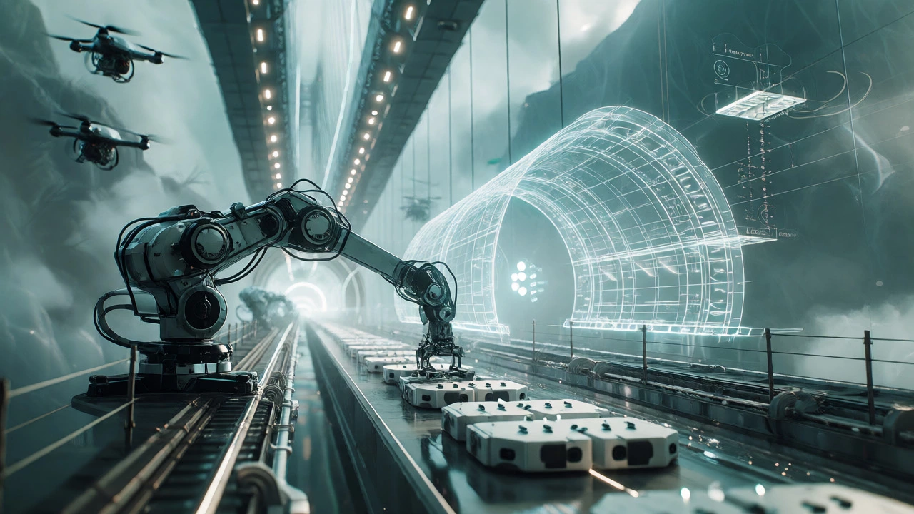 Futuristic construction site with robots and holographic plans