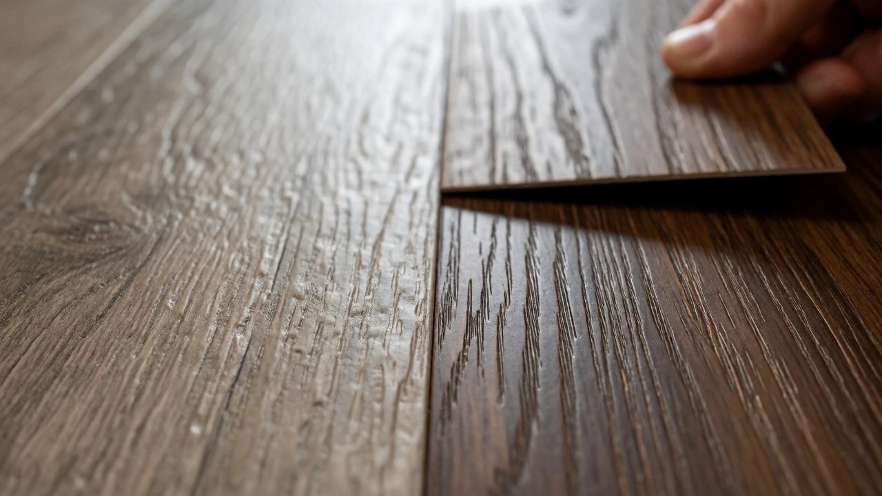Hand comparing greige vinyl and dark walnut flooring samples for renovation