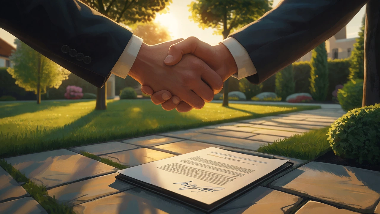 Handshake over a signed contract in front of a finished landscaped garden