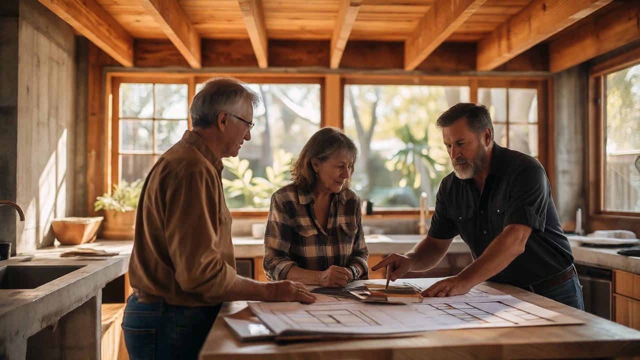Homeowners and custom builder discussing finishes in a partially built luxury kitchen