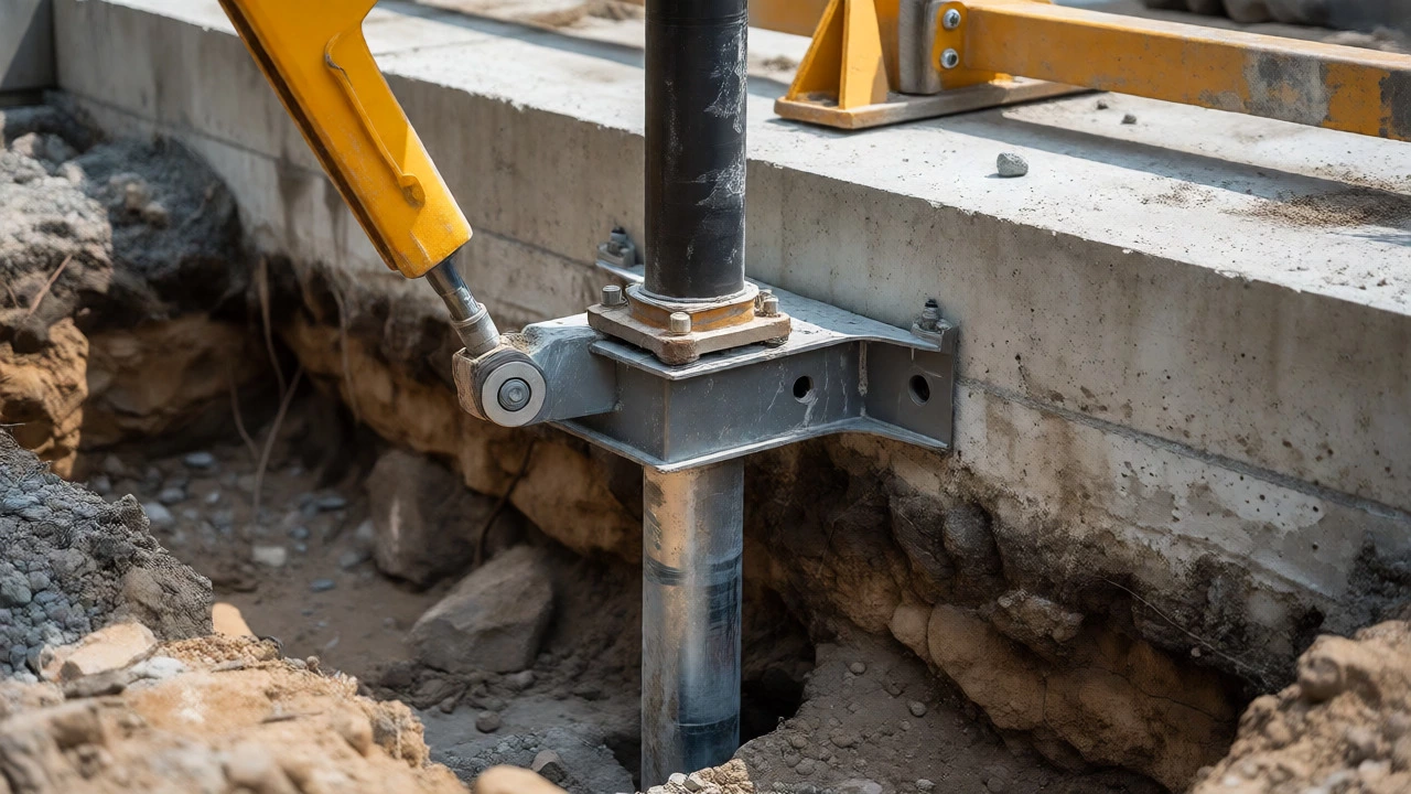 Hydraulic jack lifting a house foundation using steel push piers
