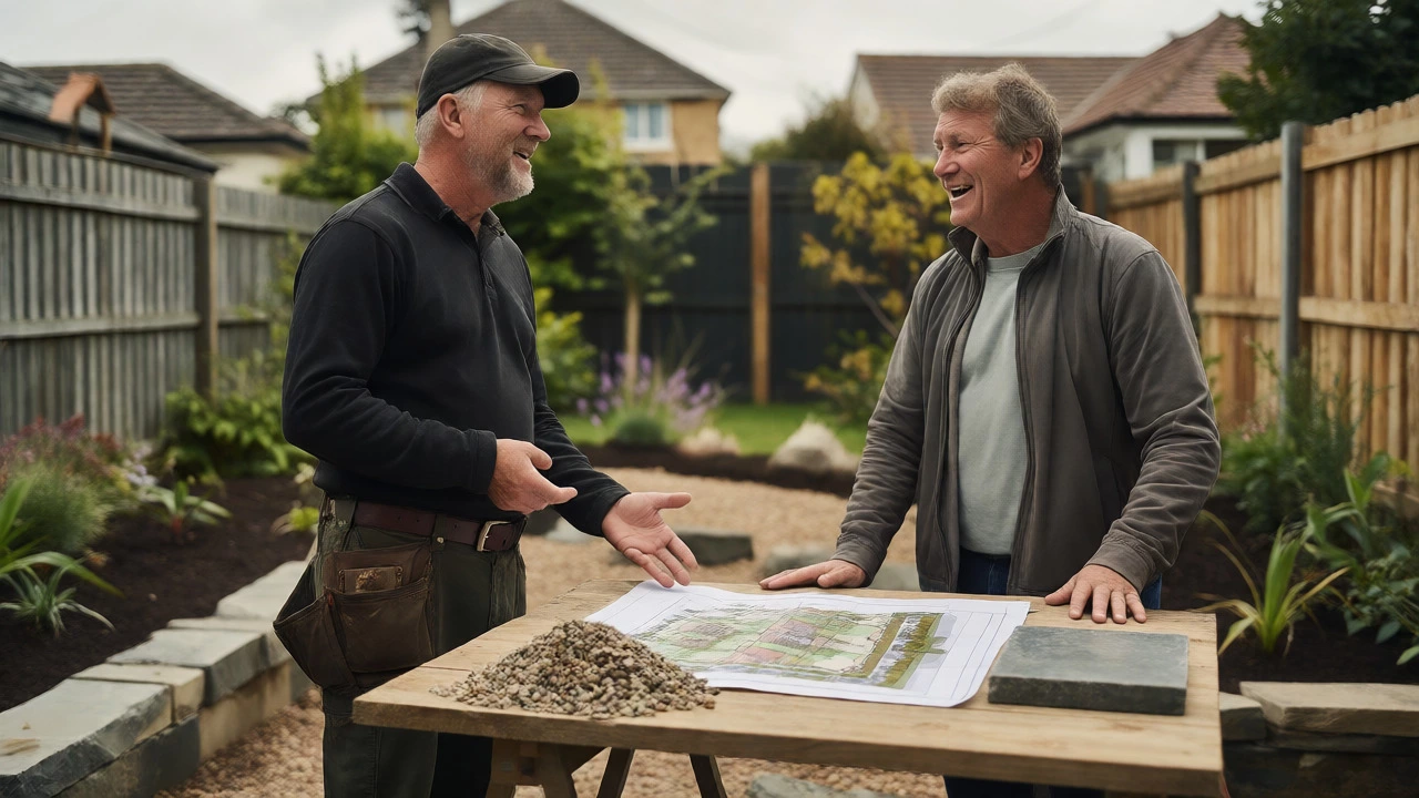Landscaper and homeowner discussing project scope and materials in a garden