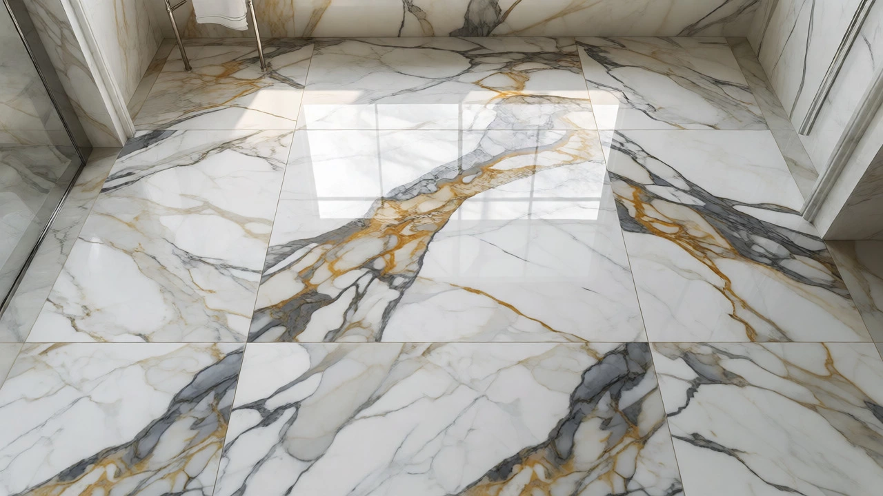 Large-format Calacatta marble bathroom floor