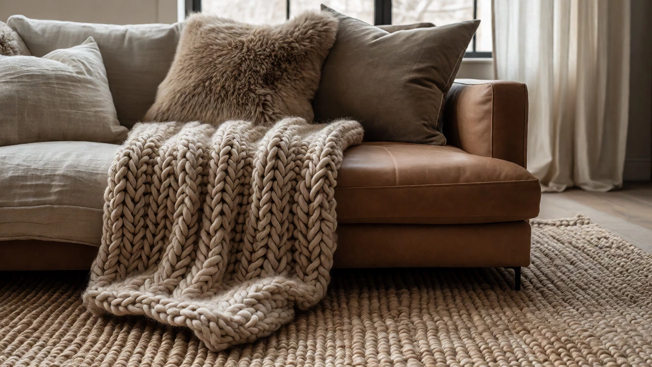 Layered textures including knit blankets and velvet pillows on a sofa