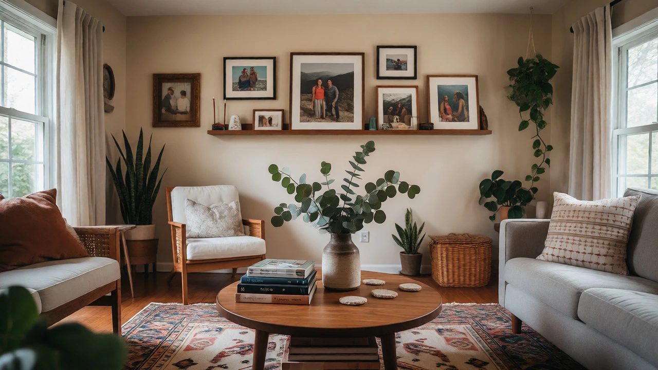 Living room with conversational seating, books, and houseplants