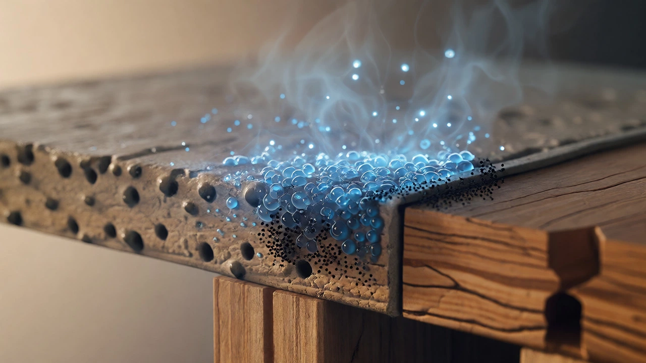 Macro view of moisture condensing on drywall and timber framing