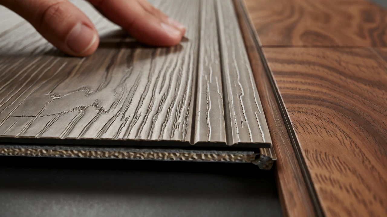 Macro view of textured SPC vinyl vs real wood