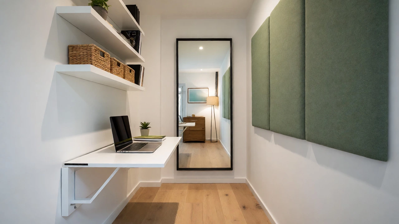 Narrow hallway micro-office with a wall-mounted desk, floating shelves, and a large mirror to expand space.