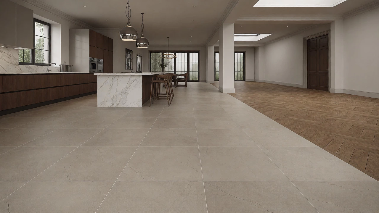 Open-plan kitchen with large-format neutral tile flowing into herringbone wood