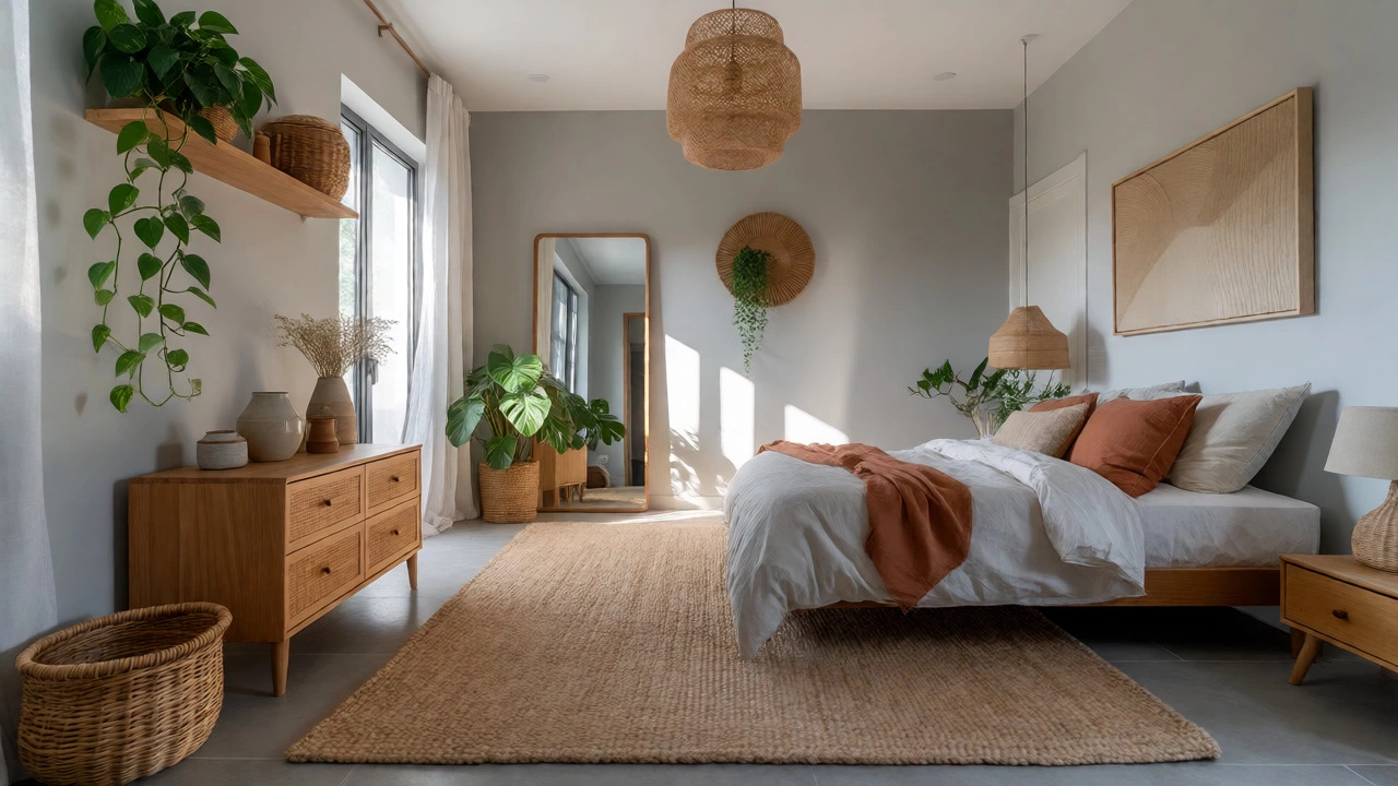 Serene bedroom with natural plants, area rug, and textured neutral tones.
