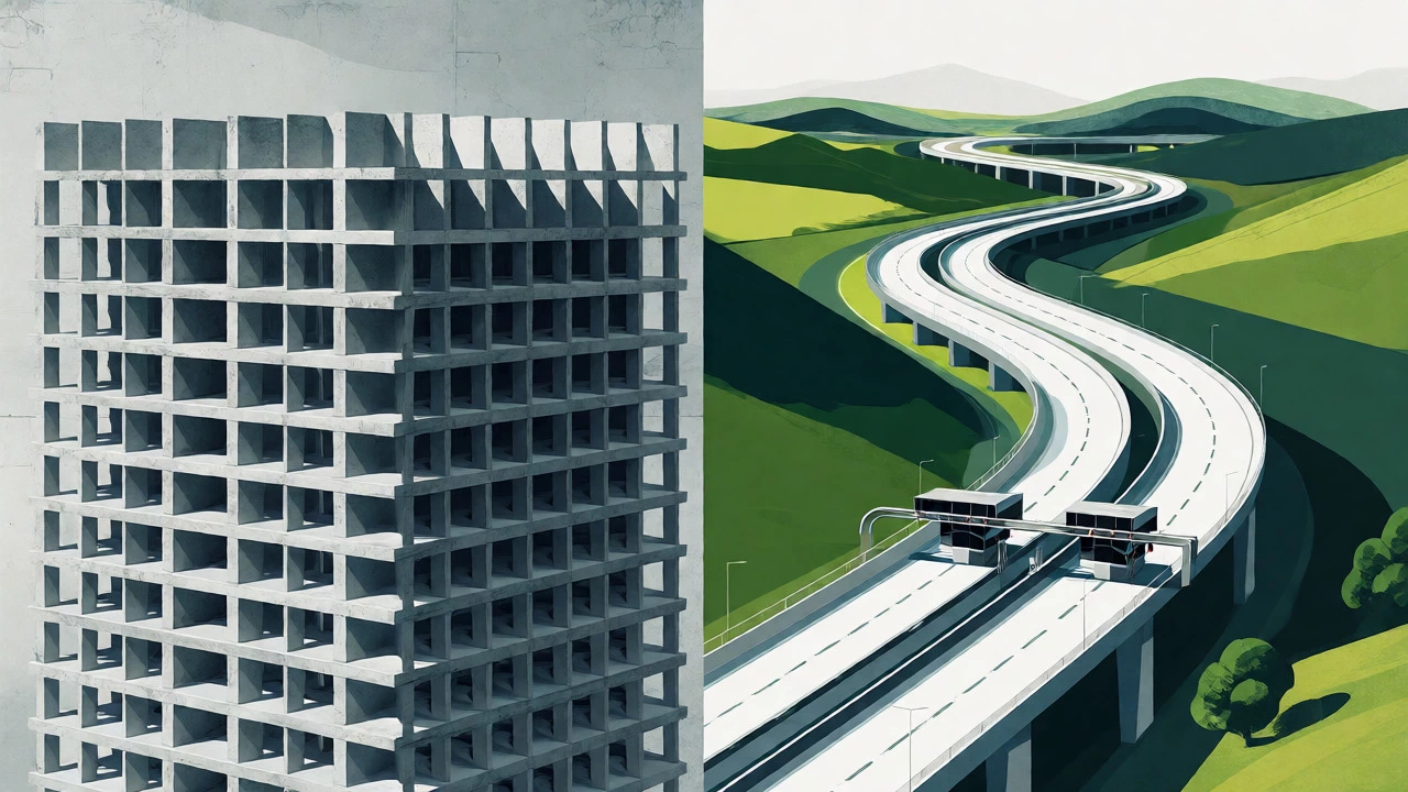 Split image comparing industrial concrete blocks and modern highways